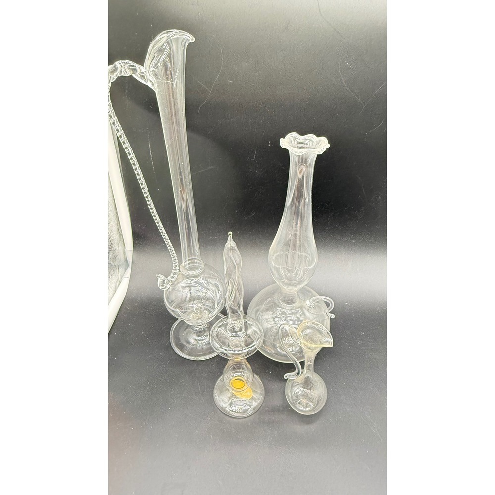 Vintage Hand Blown Clear Glass Decorative Set Etched Decanter Vase Pitcher 4pc